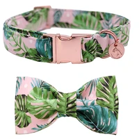 green leaf dog collar and leash set with bow tie personal custom adjustable pet puppy 100 cotton dog birthday gift