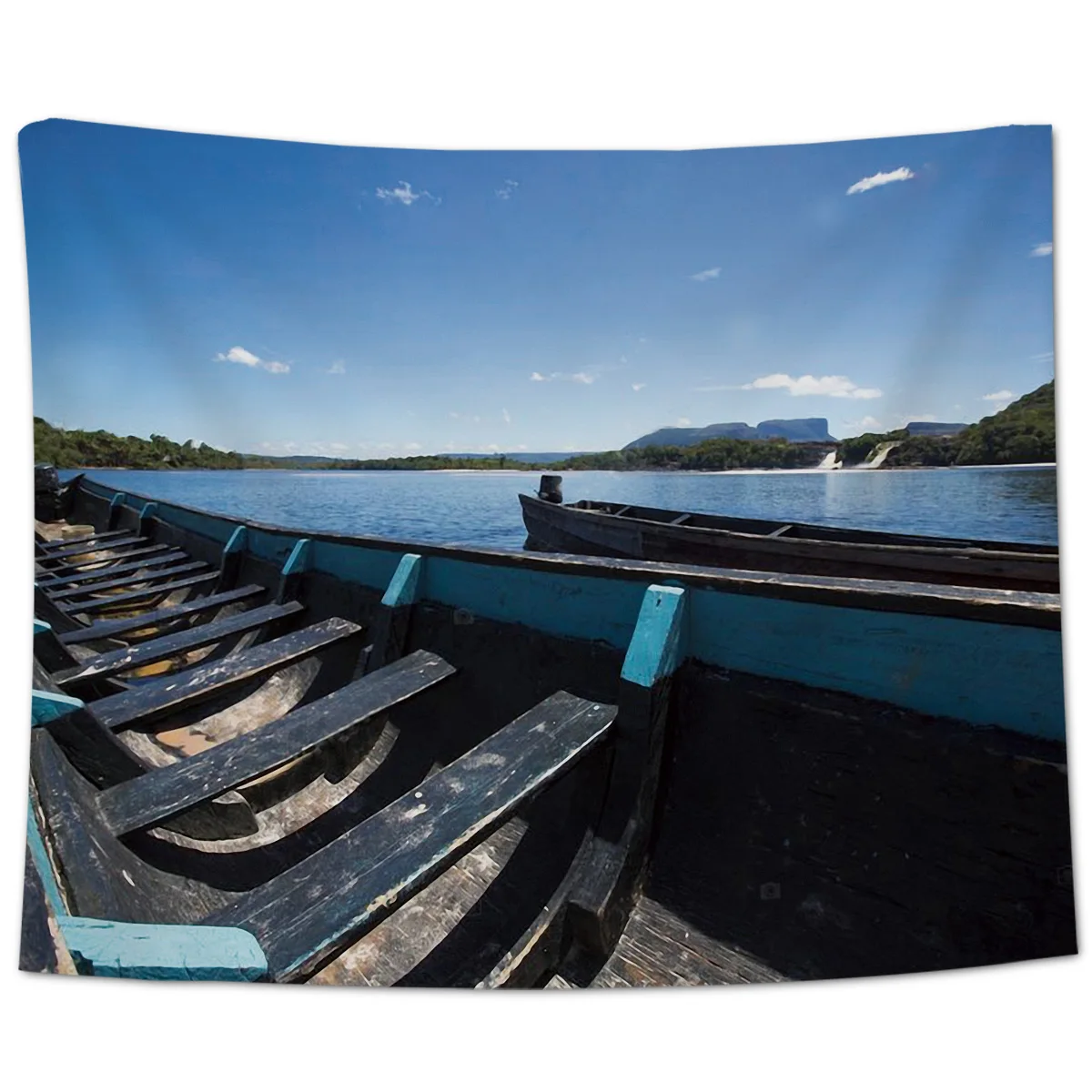 Голубая деревянная лодка перед водопадом хача в лагуне Настенный декор гобелен