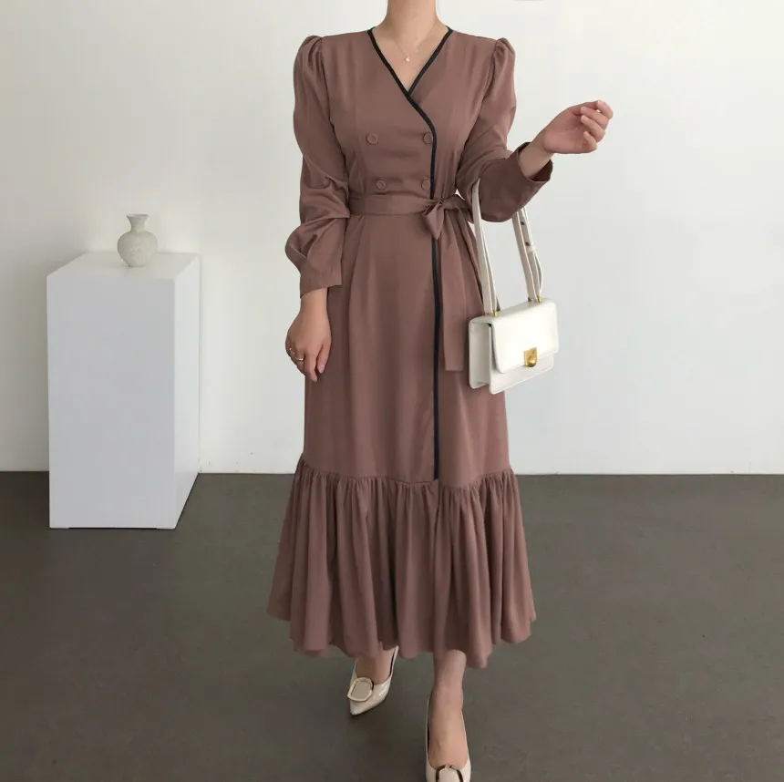 

HziriP Formal Lace-up Elegant Dress Women 2021 New Autumn Dress Minimalist Fashion OL Double Breasted V-neck Dresses Vestidos