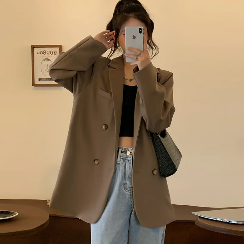 

Woman Jacket 2021 New Korea Fashion Elegant Solid Color Suit Collar Double Breasted Design Loose Wild Long Sleeve Suits Jackets