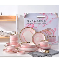 14pcs pinkgrey marble ceramic dinnerware set rice salad noodles bowl soup charge plates dish kitchen tableware for family use
