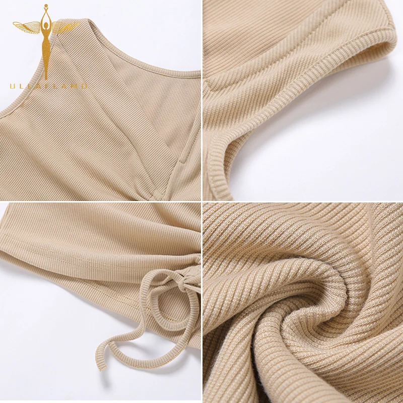 

Summer Shirring Skinny Tank Tops Womens Clothes Irregular Collar Crop Top Streetwear Elastic Knitwear Lace-Up Tank Vest Mujer