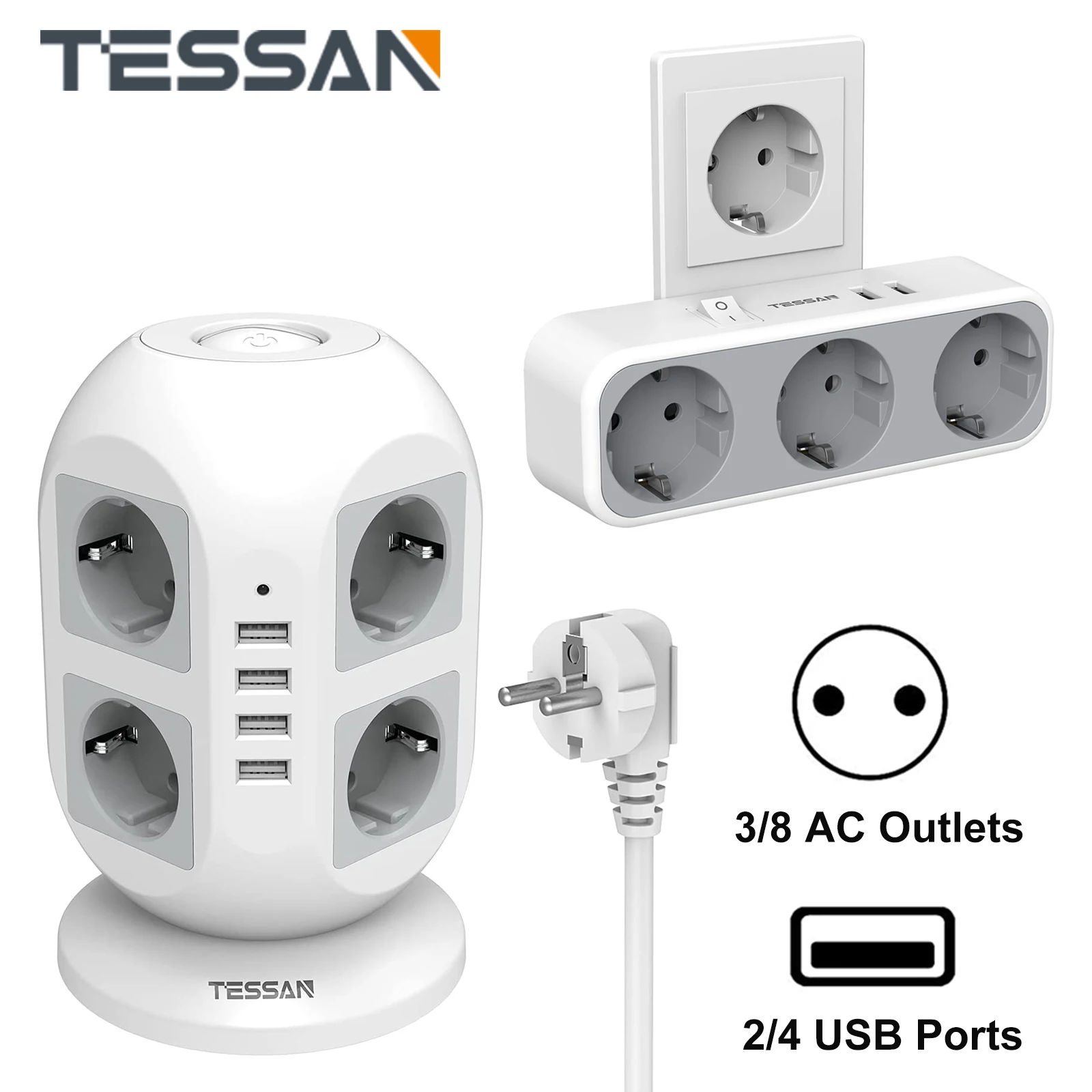 

TESSAN EU Surge Protection Power Strip (2500W / 10A), Vertical Power Strip with 3/8 AC Sockets, 2/4 USB Ports & Switch, 2M Cable