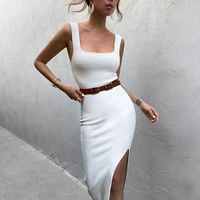 solid split thick strap dress boho square collar 2021 woman dress white dress dresses dress summer 2021 party dress