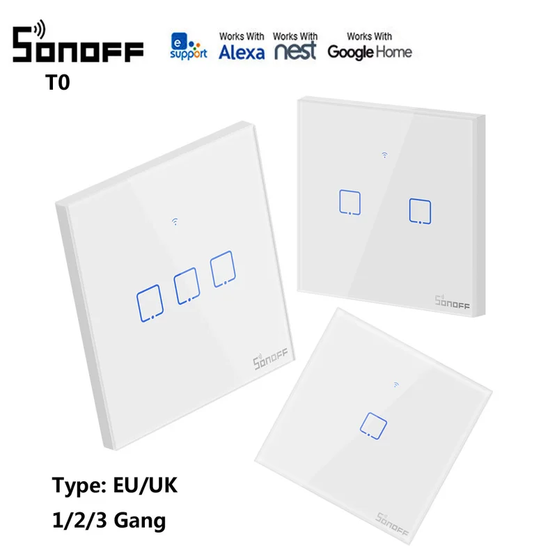 Интеллектуальный выключатель света SONOFF T0 умный переключатель панель стандарт ЕС/Великобритании, 1/2/3 работать с Alexa Google home пульт дистанционного управления eWeLink для дропшиппинг