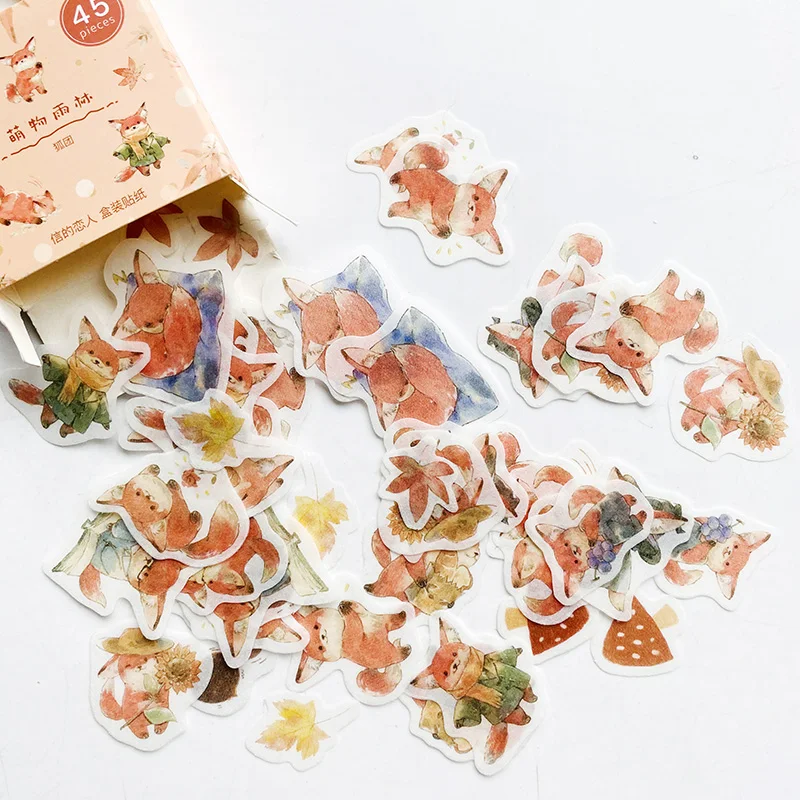 

45PCS/Pack Cute Fox And Maple Leaves Paper Sticker Adhesive Craft Stick Label Notebook Computer DIY Decor Kids Gift Stationery
