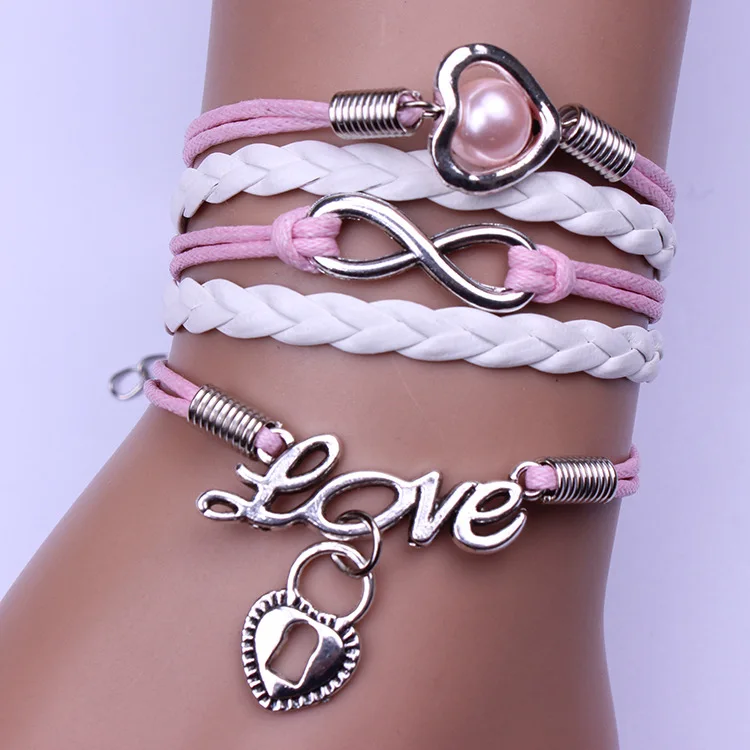 

Retro fashion jewelry peach heart lock infinite pink woven bracelet for men and women hot gifts