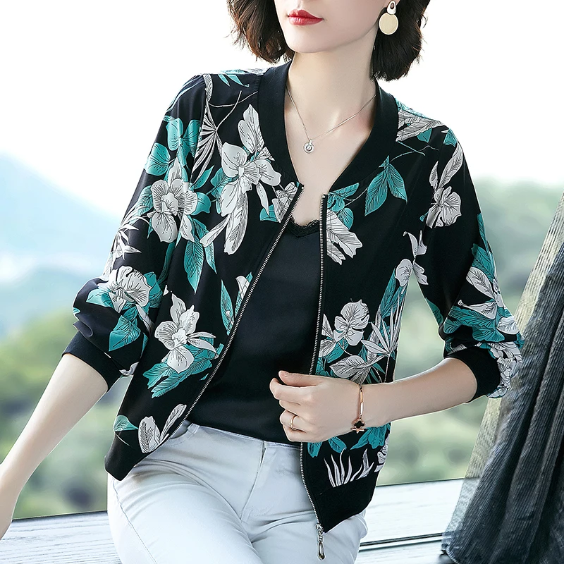 

Basic Jacket Women 2020 Spring Fashion Satin Slim Print Floral Zipper Lightweight Coat Bomber chaqueta mujer Outerwear mont