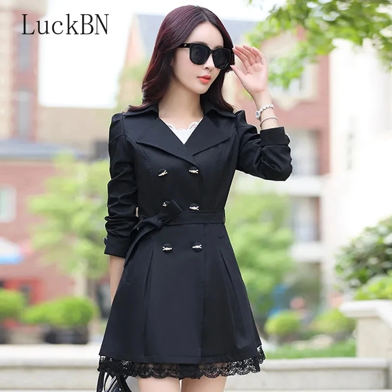 

2021 Spring Autumn Lace Stitching Women's Trench Coat Korean Slim Double-breasted Long Sleeve Outwear Solid Casual Windbreaker