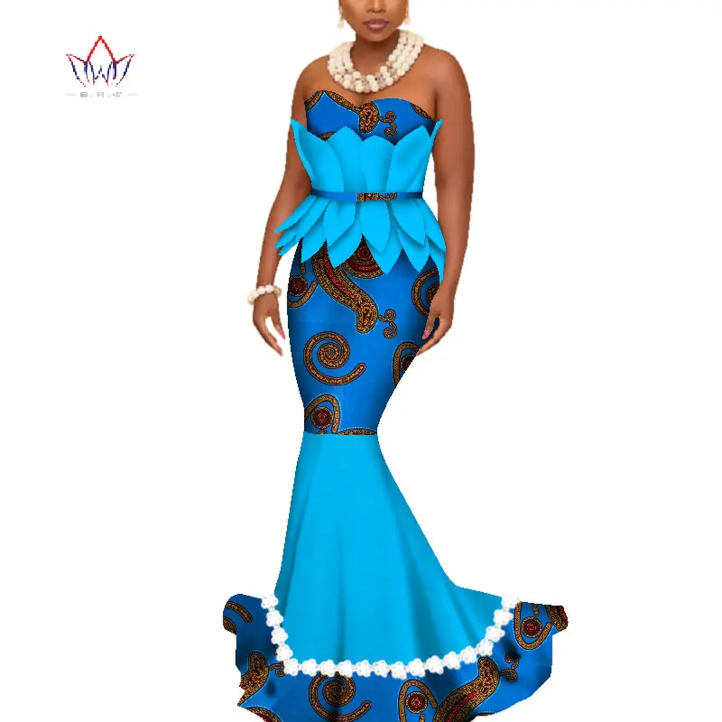BintaRealWax African Dresses Women Off Shoulder Print Evening Long Dresses Dashiki African Clothes Ruffles Lace Dresses WY3949