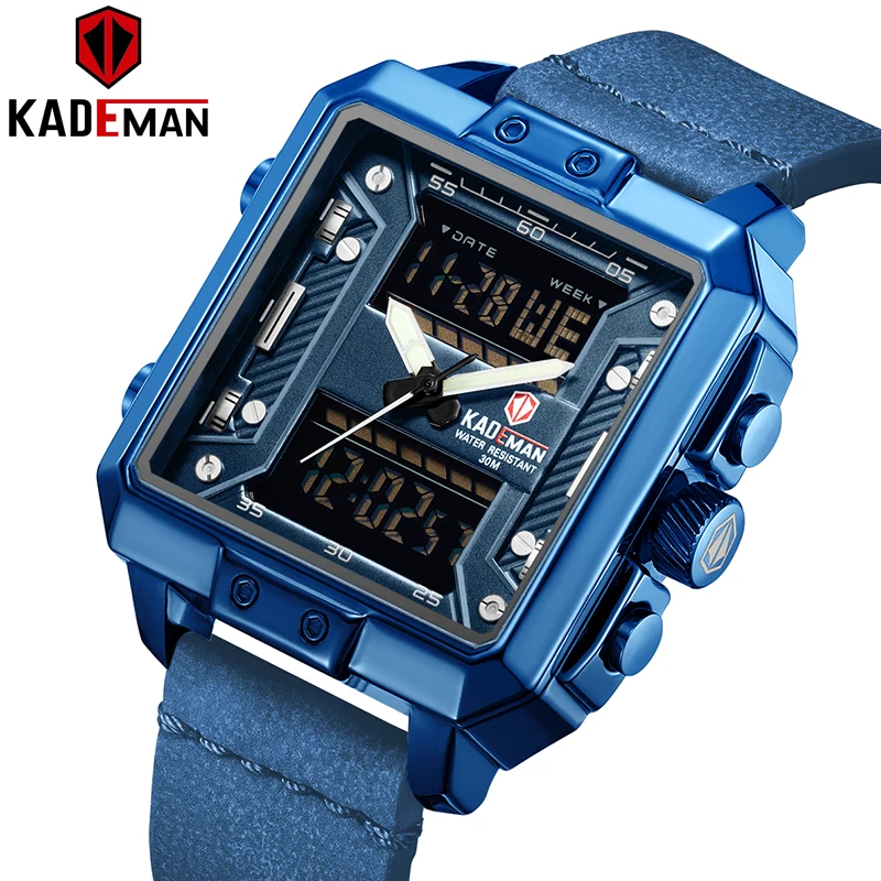 Top Brand Luxury KADEMAN Men Watch Outdoor Sport Military Mens Watches Dual Movement LED Digital Male Leather Wristwatch Clock