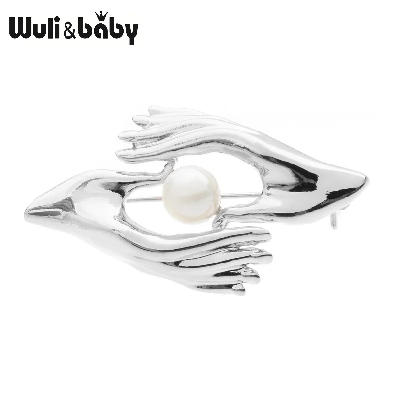 silver Wuli&baby, жемчуг, золото, серебро, пара брошки в виде рук, для женщин и мужчин, свадебная, банкетная брошь, булавки, подарки - Окраска металла: silver