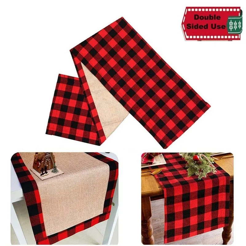 Christmas Table Runner Red Black Home Dining Table Runner for Christmas Rectangle Burlap Plaid Table Runner Birthday Party Decor