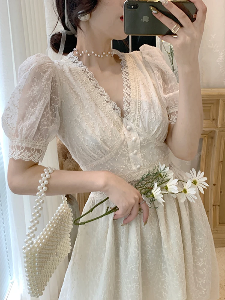 

Summer Women Elegant Prom Voile Dresses Sweet & Embroidery Mesh Dress Perspective Swing Short Sleeves Lace Party Lace Long Dress