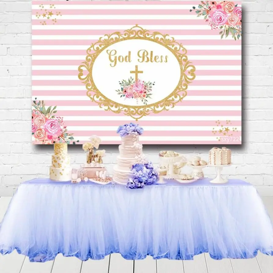 

Pink Girls Baptism Backdrops Photocall God Bless Cross Gold Frame Flowers Baby Shower Birthday Photography Background