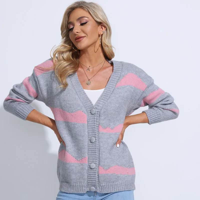 

New Single-breasted Striped Cardigan Sweater Jacket Women 2022 Loose Outer Wear V-neck Sweater Cropped Sweater Blouses
