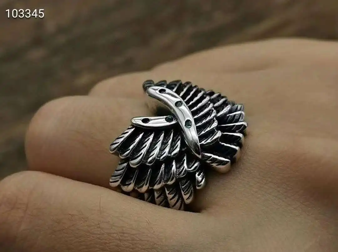 

2020 New S925 Sterling Silver Men's Fashion Hip-Hop Rock Ring and Peaceful Wings with Diamonds Unique Design of Green Zircon