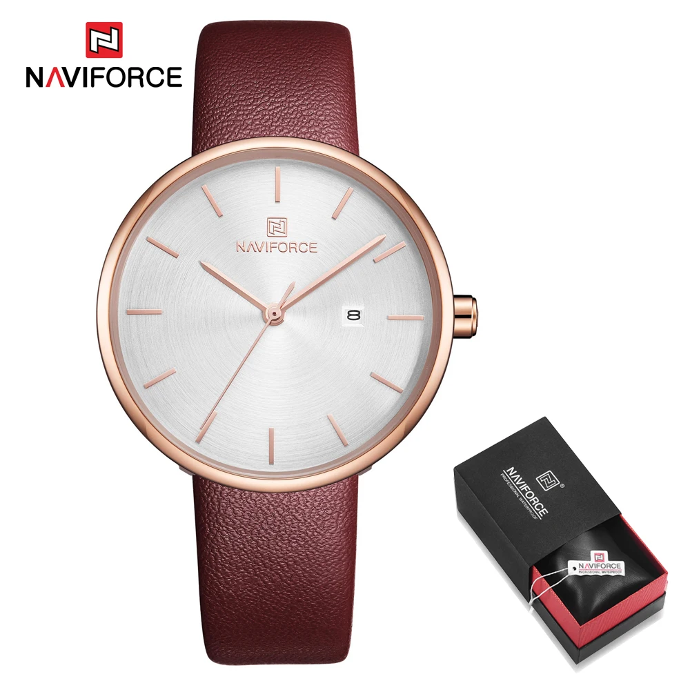 Red in Box NAVIFORCE женские часы модные женские красные PU ремешок для часов кварцевые Дата повседневные часы водонепроницаемые наручные часы подарок для девушки жены женщины - Цвет: Red in Box