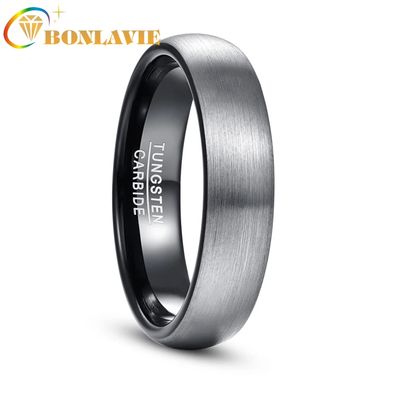 

BONLAVIE Wide 6mm Dome Matte Inner Ring Plated Black Tungsten Steel Ring for Men and Women Engagement Ring