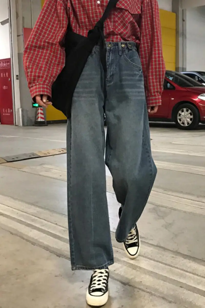 

Fashion Women Autumn Winter Jeans High Waist Pockets Button Harajuku Korean Wide Leg Jeans Loose Vintage Straight Jeans