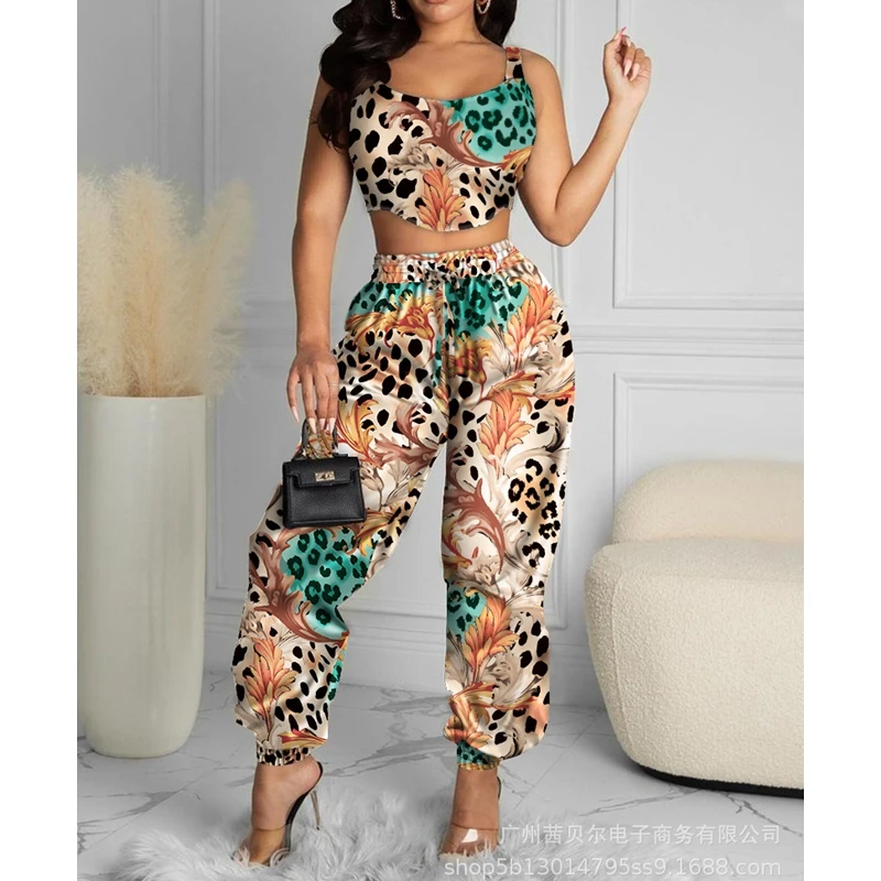 

WEPBEL Women's Sexy Slim-Fit Leopard Print Suit Summer O-Neck Spaghetti Strap Vest + Lace Up High Waist Pencil Pants Suit