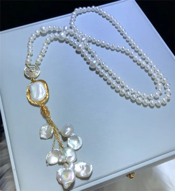 

HABITOO Charming 6-7mm White Freshwater Pearl 12-15mm Keshi Pearl Pendant Necklace 28inches Elegant Fine Jewelry Charming Gifts