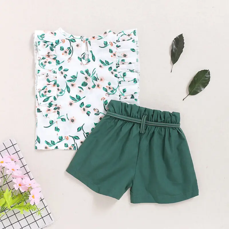 Toddler Baby Girls Kids Summer Clothes O-neck Flower Sleeveless Green Tops + High Waist Shorts Outfit Sets 2PCS 18M-5T