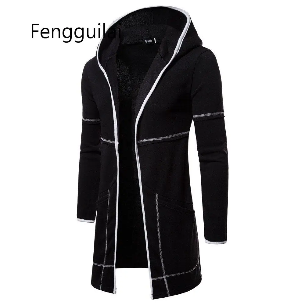 

FENGGUILAI Men's Sweater Long Large Pocket Hooded Cardigan Fashion Windproof Casual Europe Size Top Coat Black Gray Nvay Blue