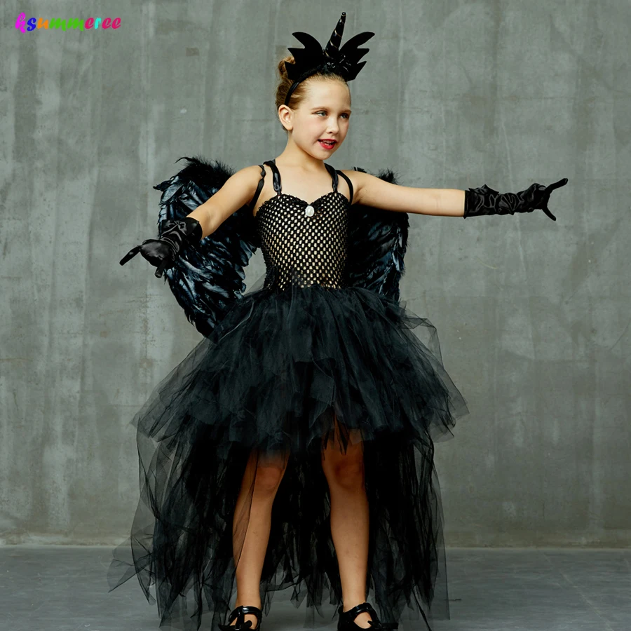 Черное нарядное платье-пачка для девочек на Хеллоуин с v-образным вырезом со