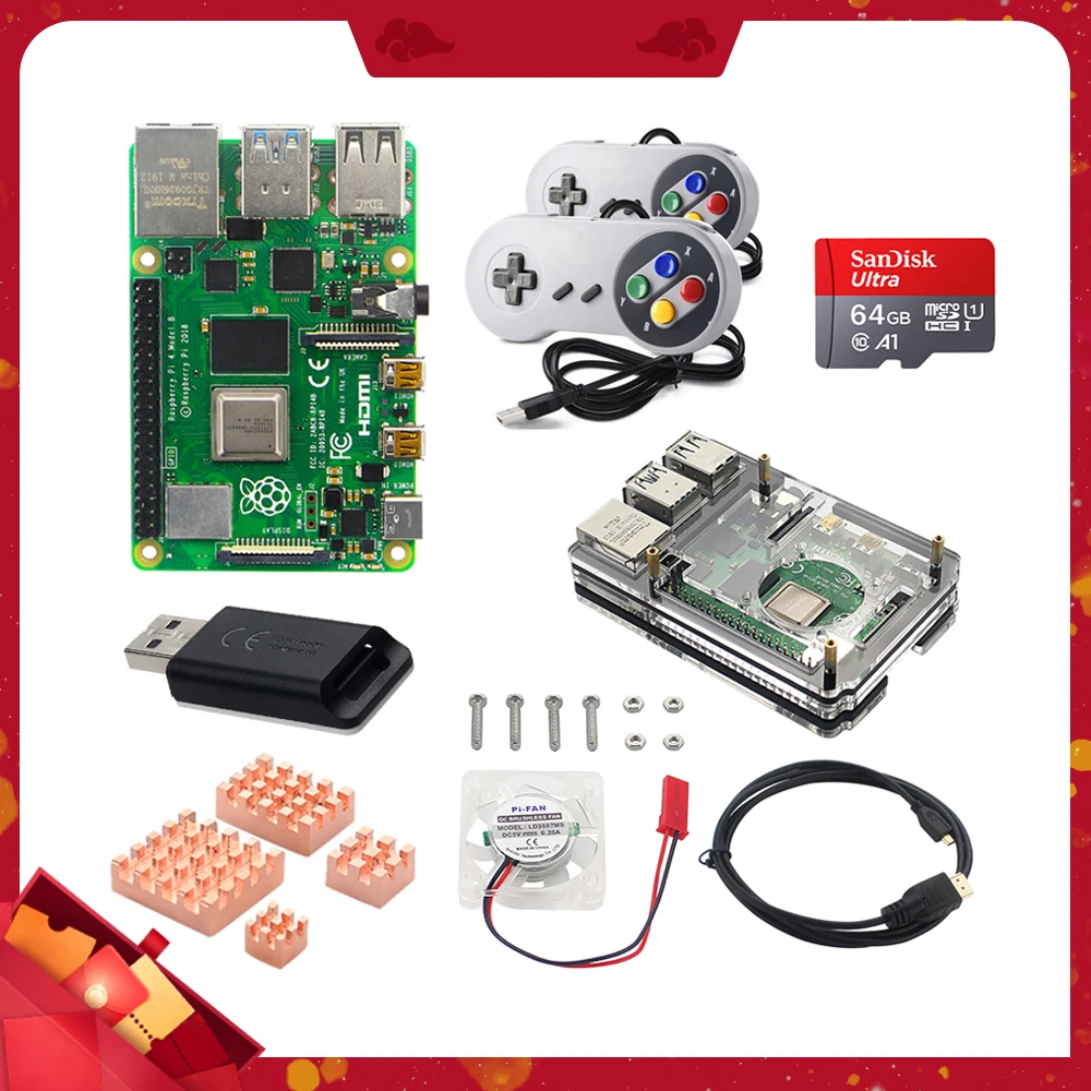 

KIITO R15 Raspberry Pi 4 Model B Kit 2/4/8GB + 64G/32GB SD Card + Wired Gamepad + Case + Copper Heat Sink + Video Cable + Fan