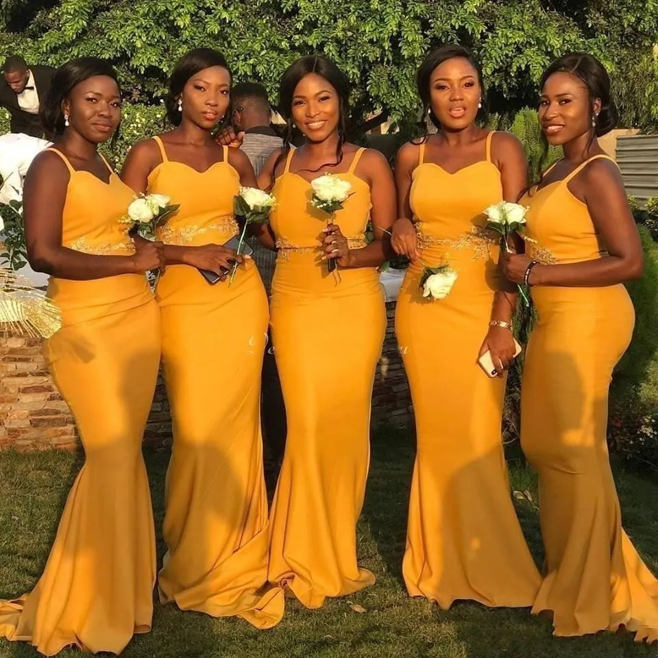 

Sexy African Mermaid Bridesmaid Dresses Spaghetti Appliques Sweep Train Garden Country Wedding Guest Gowns Maid Of Honor