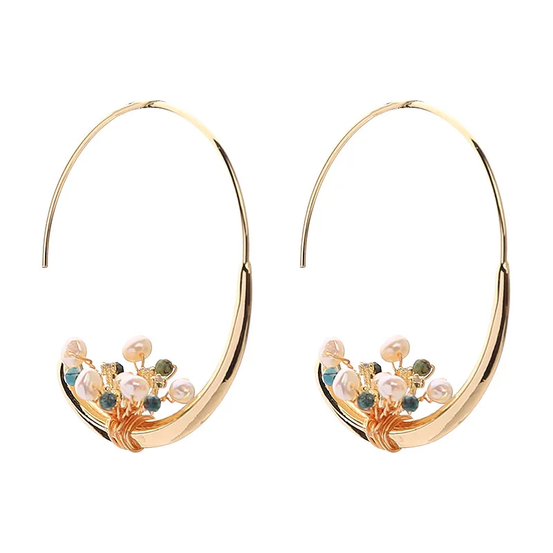 New Arrival Bohemia Woman's Hoop Earrings with White Freshwater Pearls Natural Stones for Woman Best Gift Size 42*35mm | Украшения и