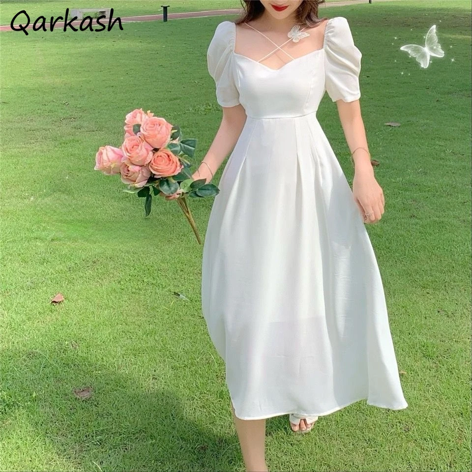 

Puff Sleeve Dress Women Solid Midi Elegant Sweet Holiday Romantic Design Summer Empire Sundress Retro Feminino Ulzzang Clothing