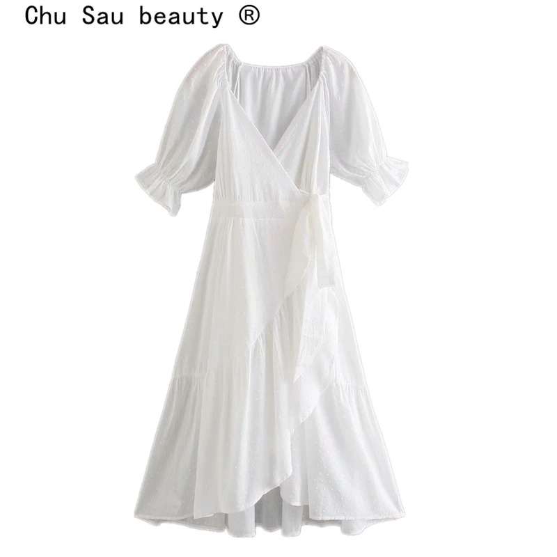 

Женское винтажное платье с запахом, белое длинное Хлопковое платье с глубоким V-образным вырезом и рукавом до локтя в праздничном стиле, осе...