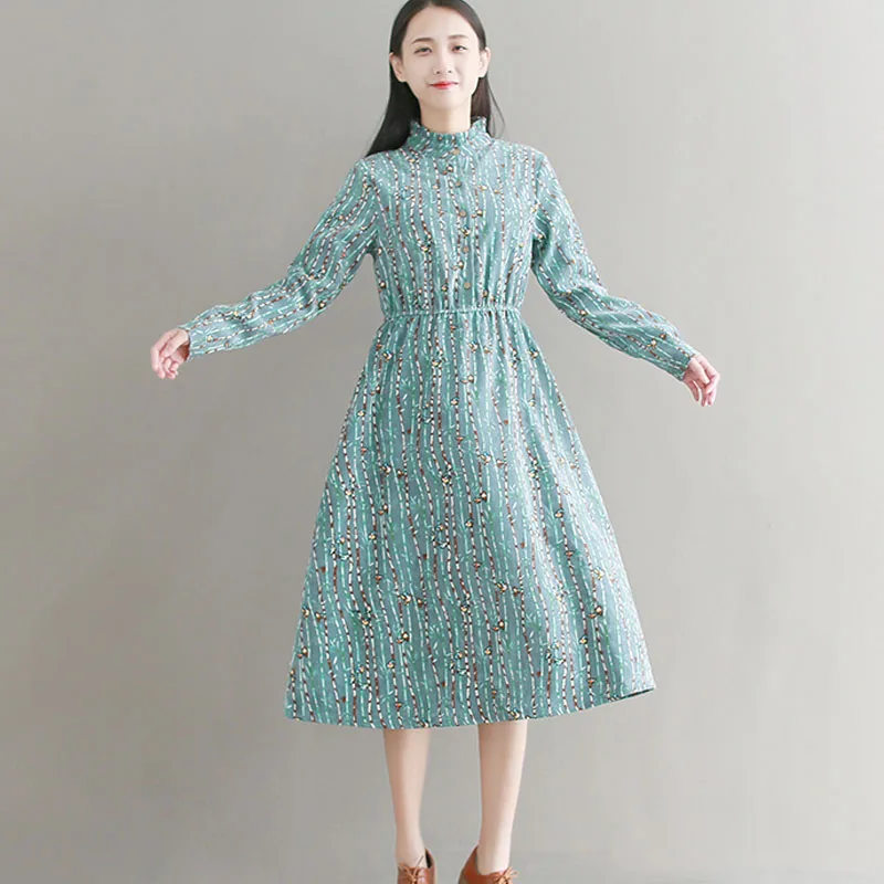 Mori Girl Autumn Spring Women Sweet Dress Longo Vintage Corduroy Midi Chic Blue Pink Animal Print Elastic-Waisted Vestidos | Женская