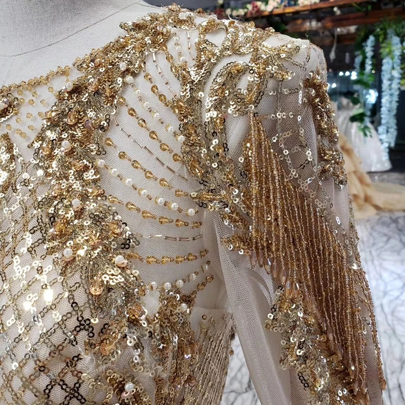 HTL527 Luxury Evening Dress 2021 Floor Length Crystal Beading O-Neck Long Sleeve Shiny Golden For Muslim