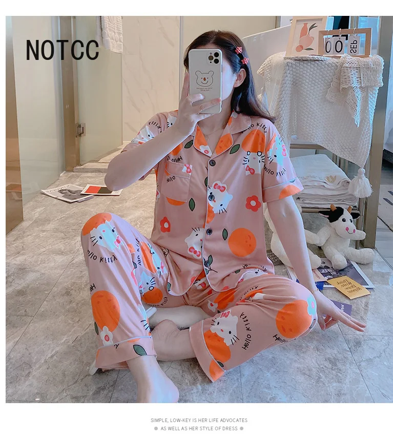 

Kitty Print Cotton Kawaii Pajamas Women Two Piece Sleepwear Pyjama Set Summer Lingere Lounge Wear Good Quality