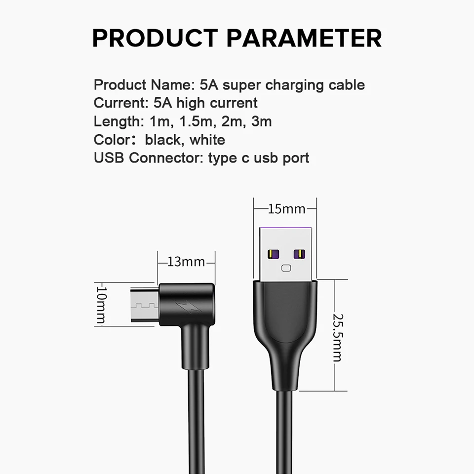90 Degree Type C Cable Usb 5A Fast Quick Charge For Huawei Mate 30 Pro P30 Lite Mate30 Usb-C 1.5 2 3 Meter | Мобильные телефоны и