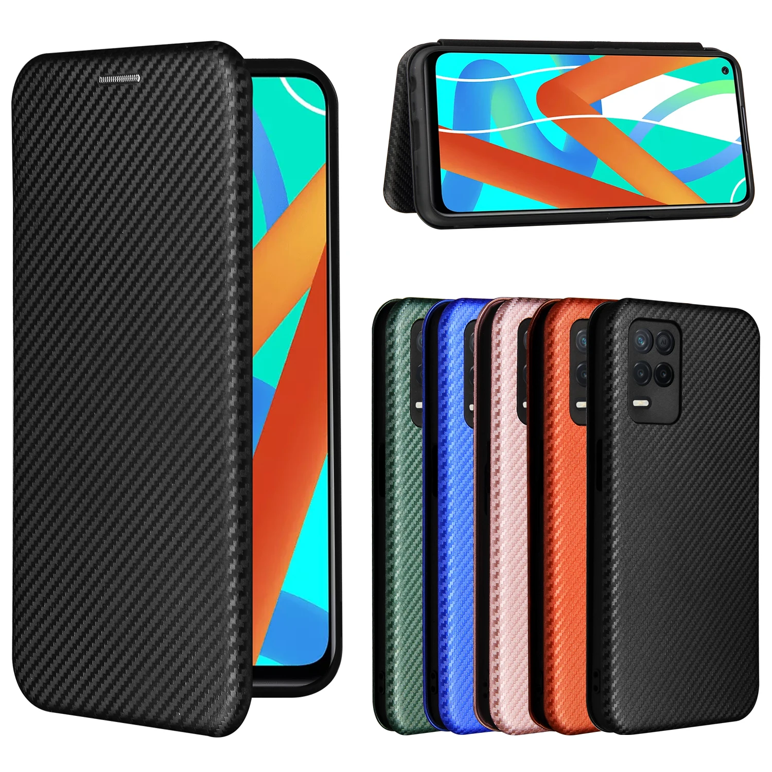 

Для Realme V13 5G чехол из углеродного волокна Флип кожаный чехол для OPPO Realme V13 5G деловой с магнитной застежкой и отделением для карт тонкий чехол 6...