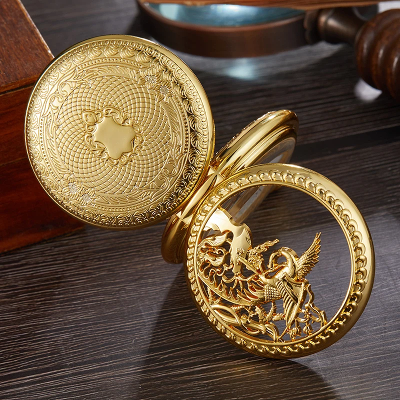 Luxury Gold Bird Mechanical Pocket Watch Skeleton Hollow Engraved Case Fob Chain Clock for Men Women Collection Dropshipping