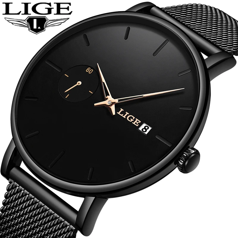 LIGE желтые кварцевые часы с указкой мужские лучший бренд роскошные простые со