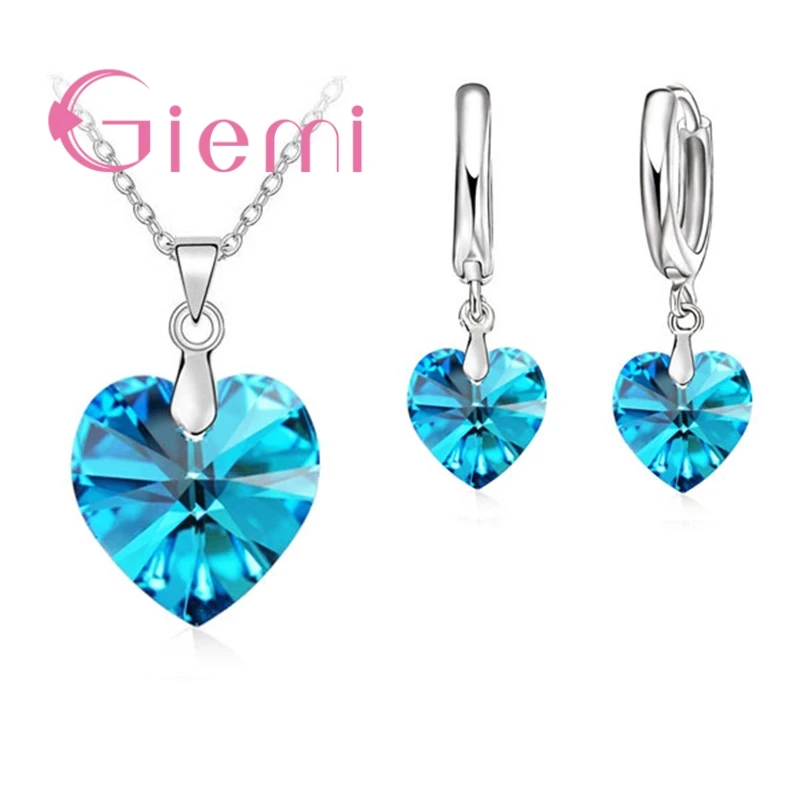Sky Blue-Loop Authentic 925 Sterling Silver Jewelry Sets for Women Girls Gifts Austrian Crystal Heart Pendant Necklace Thread Earrings Chain - Окраска металла: Sky Blue-Loop