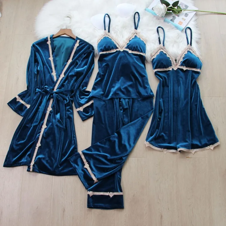

4PCS Pajamas Suit Women Velour Nightwear Kimono Gown Autumn Winter New Sleepwear Velvet Pyjamas Intimate Lingerie Home Clothes