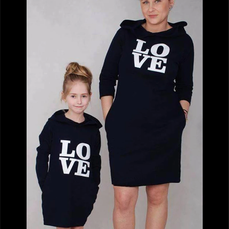 Long-sleeve Mom Girls Hooded Sweatshirt Dresses for Famiy LOVE Letter Print Dress Mother and Daughter Matching Clothes Outfits