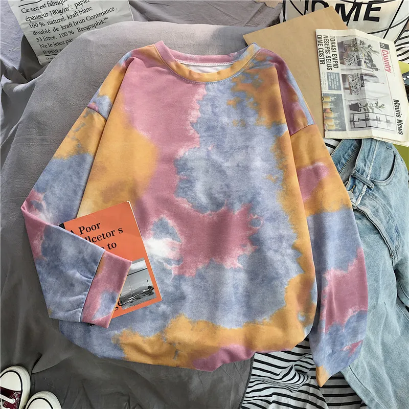 Shellsuning Tie Dye Нижняя футболка весна Harajuku уличная свободная одежда футболка с длинным рукавом Женский мягкий пуловер с круглым вырезом топы - Цвет: 2