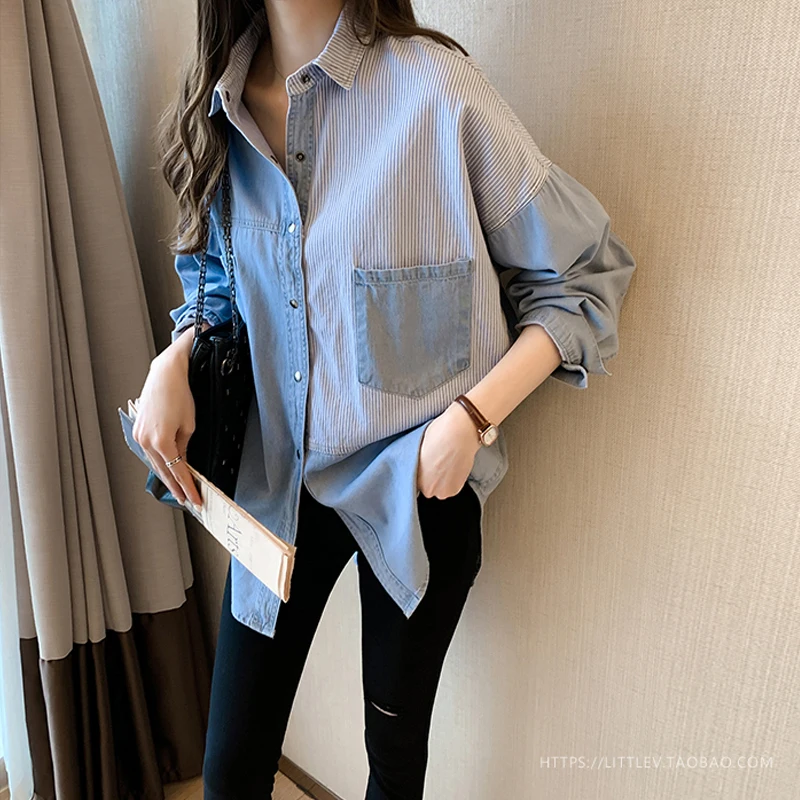 

Autumn New Denim Shirt Careful Machine Long Sleeve Simple And Versatile Design Sense Student T-Shirt Loose Foreign Style Top