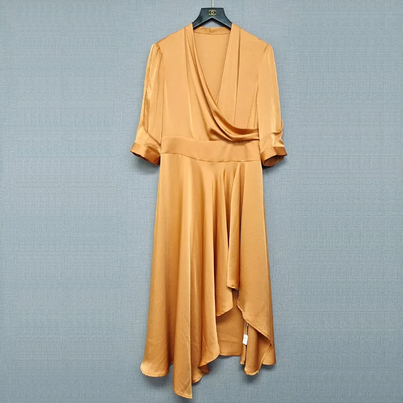 

Acetic acid dress 2021 summer new temperament commuting solid V-neck 3 / 4 sleeve irregular waist skirt