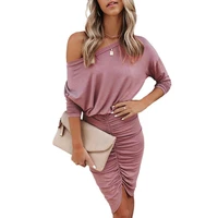 spring autumn dress women pleated stretch sexy casual round neck long sleeve slim elastic bodycon irregular dress party dresses