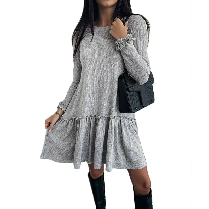 Осеннее модное женское повседневное однотонное Короткое мини платье с оборками