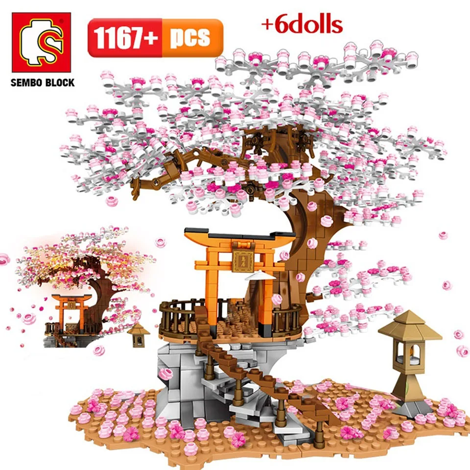 

SEMBO City Street View Idea Sakura House Tree Inari Shrine Building Block Model Creator Friends Cherry Blossom Toys for Children